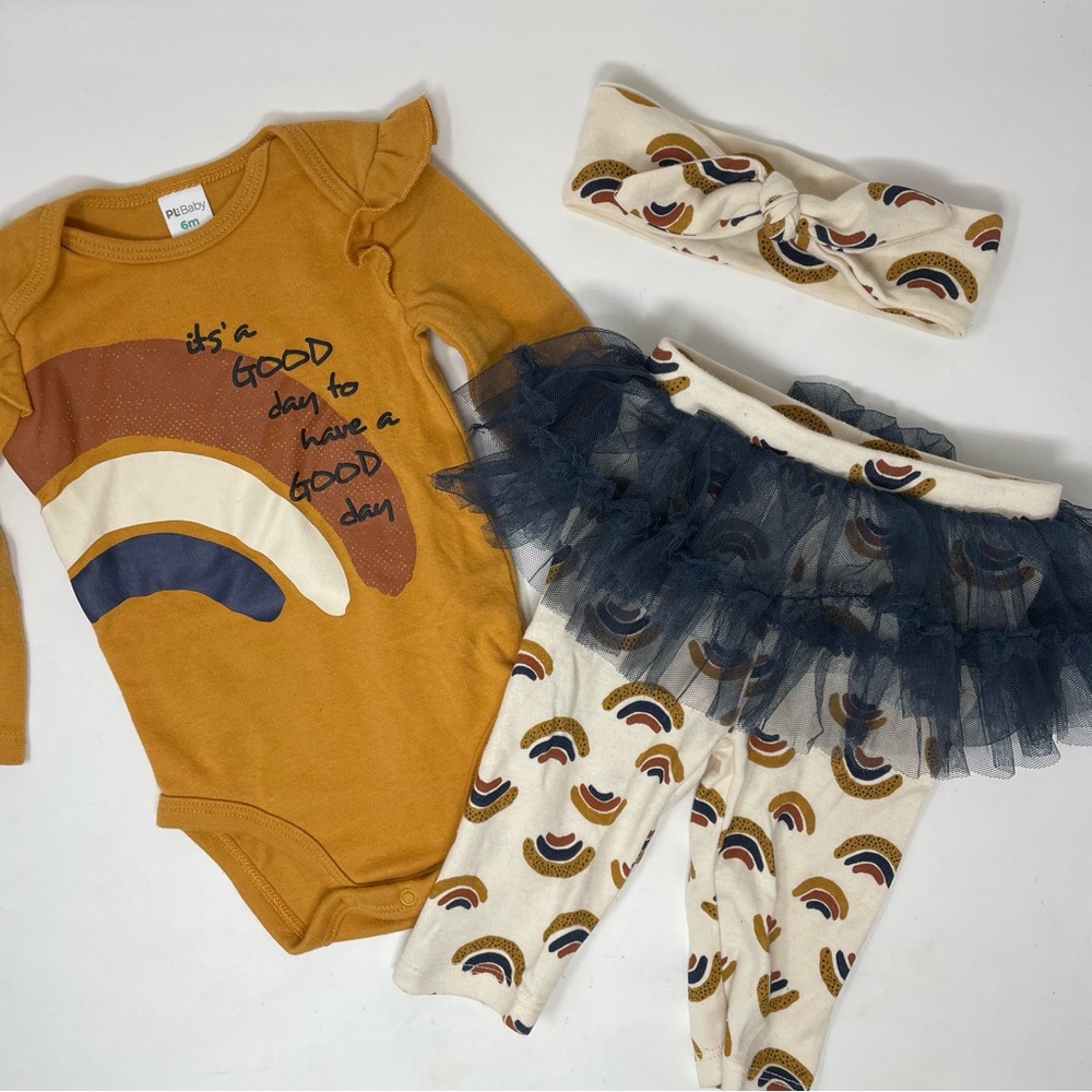 3pc Baby Gold Quote Onesie Rainbow Print Tutu Leggings & Headband Size 6m